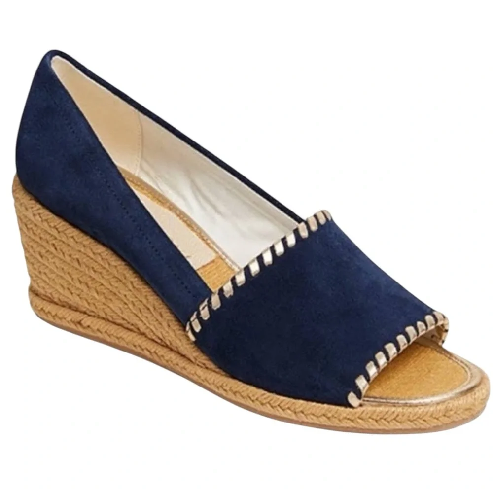 Jack Rogers Blue Suede Palmer Jute Wrapped Wedge Espadrille Peeptoe Shoes 9.5